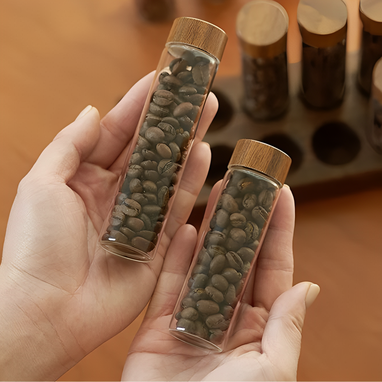 Conteneur à Café 12 Tubes en Verre et Bois